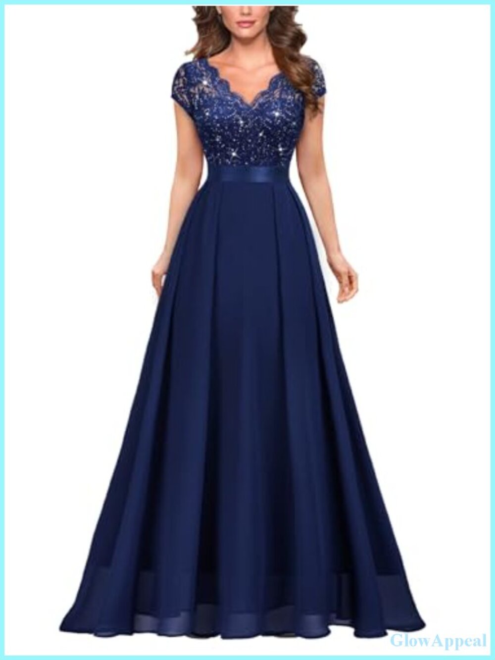 Elegant V-Neck Cap Sleeve Sequined Floral Lace Formal Party Maxi Dress